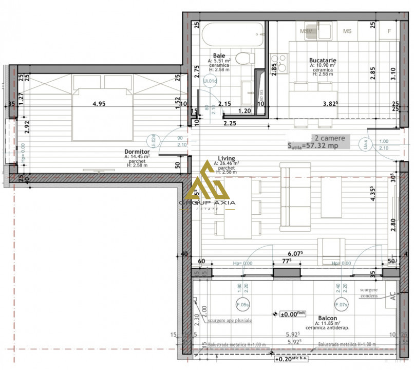 Apartament 2 camere, 57 mp, parter inalt, optional garaj, SCALA FRUNZISULUI
