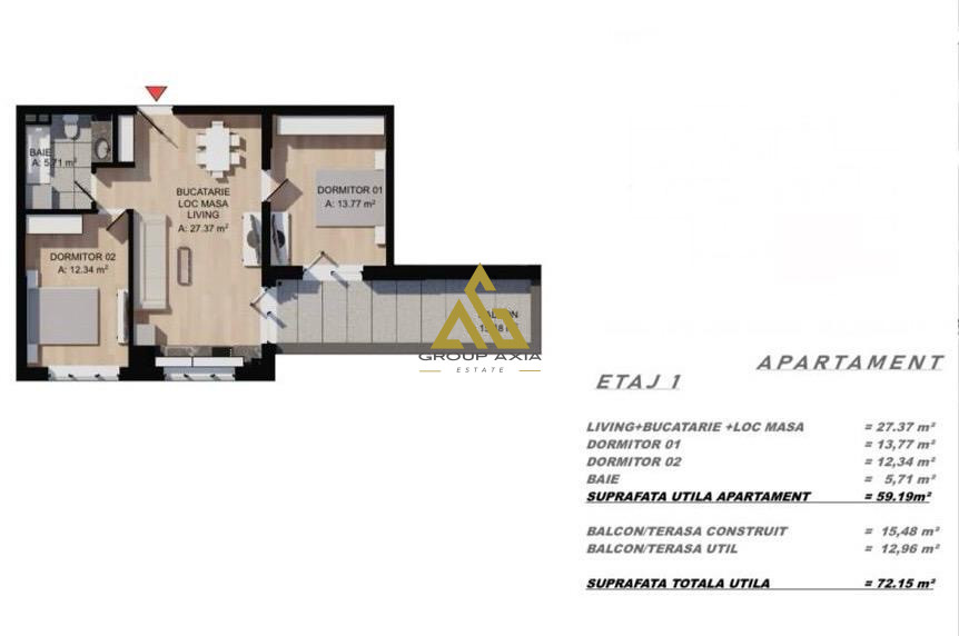 3 camere, 60mp, terasa 13mp, etaj 1, CF, parcare, Floresti, Porii