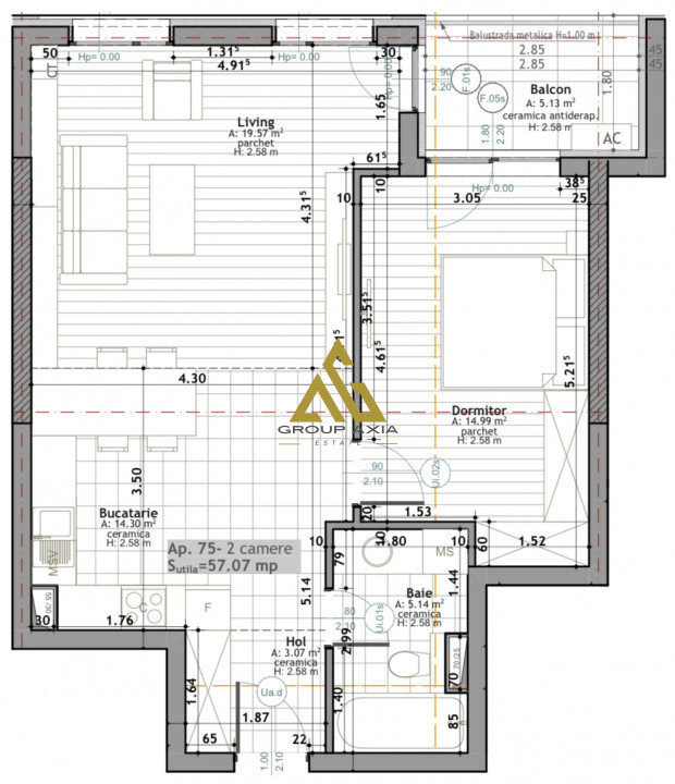 Apartament 2 camere, Scala Frunzisului, 57mp, garaj inclus