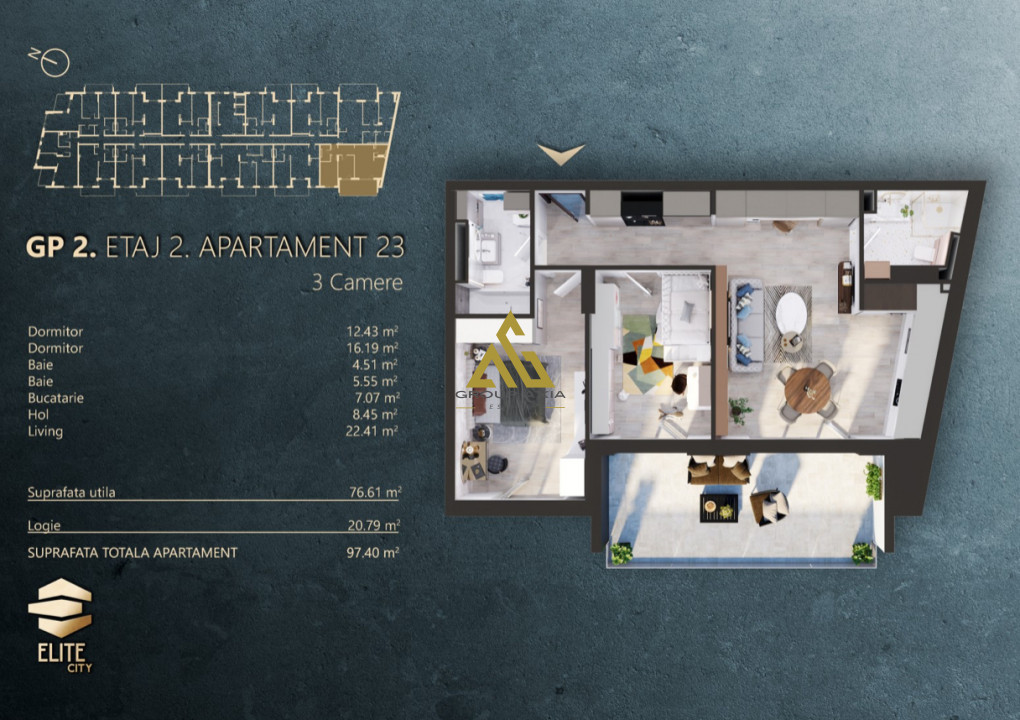 3 camere, 77mp, terasa 20mp, etaj 2, lift, CF, Elite City, Fabricii 