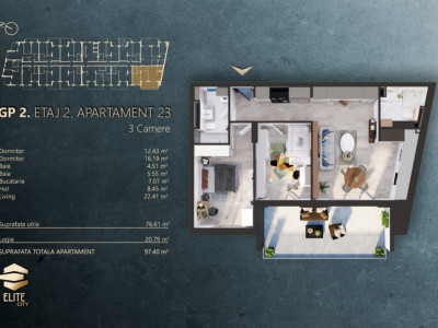 PRET DE CONSTRUCTOR! 3 camere, 77mp, terasa 20mp, Elite City 